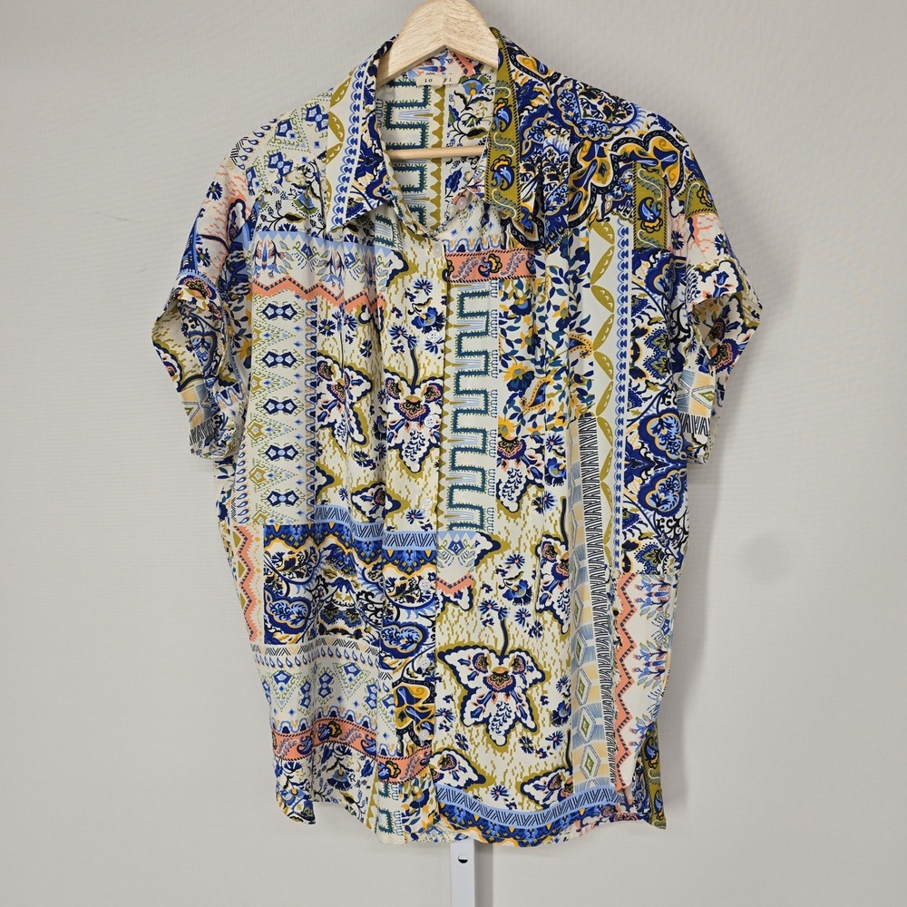 Jodifl Womens Large‎ Patchwork Paisley Print Button Up Short Sleeve Blouse Multi